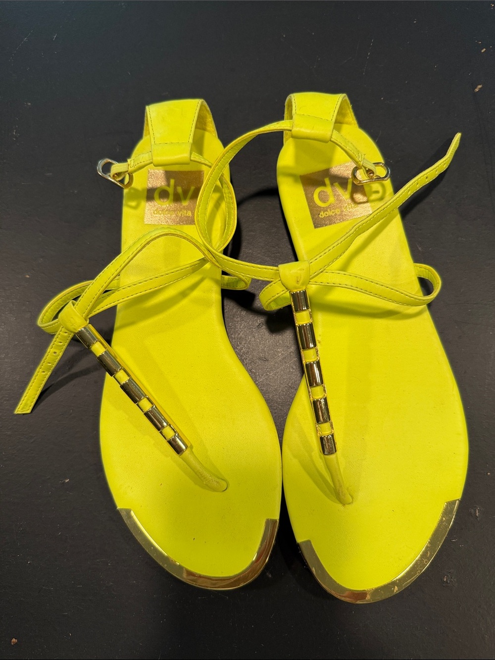 DV by Dolce Vita Neon Yellow T-Strap Sandals with Gold Accents